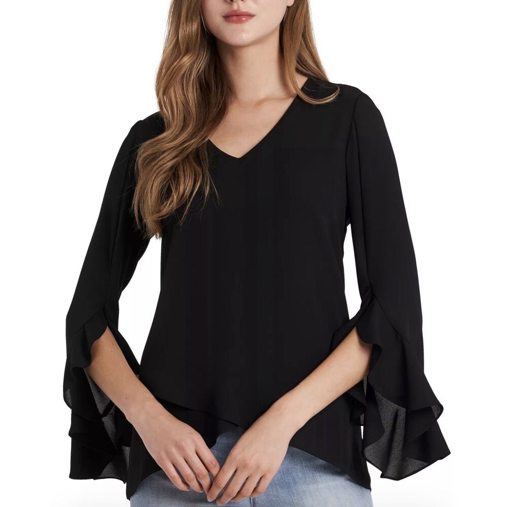 Vince Camuto Black Cascade Ruffle Sleeve V-Neck Blouse 1X High Low Hem Top